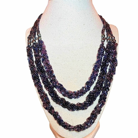 Vintage Three Tiered Braided Purple Glass & Onyx Beaded Statement Necklace - Picture 1 of 8